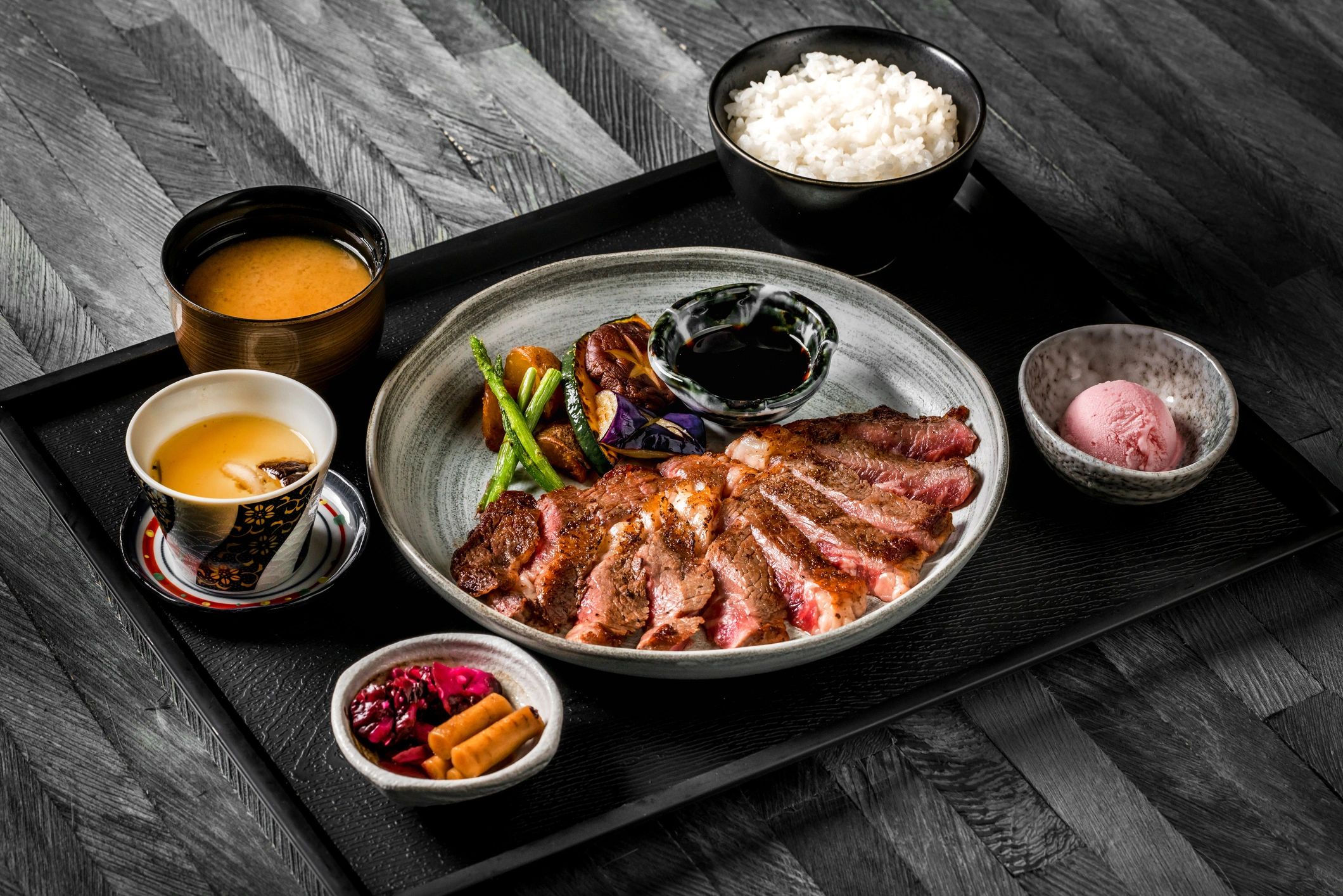 Japanese gyudon beef rice bowl plated for modern Asian dining presentation